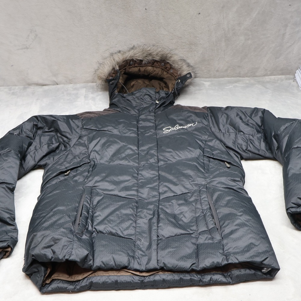 Salomon Down Jacket Womens XL Black Faux Fur Hood Insulated Light Winter Puffer